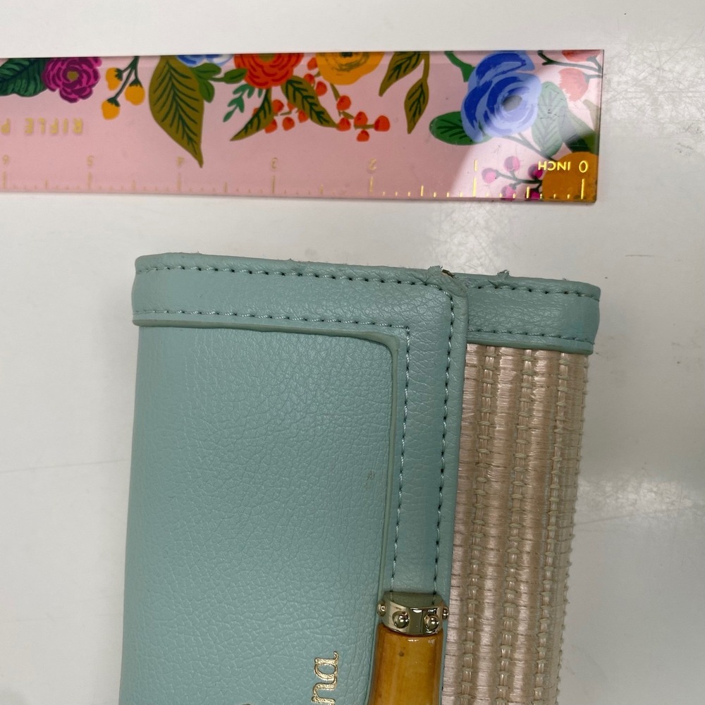Spartina 449 Seafoam PU & Straw Bamboo Turnlock Tri-Fold Wallet Coastal Chic - Picture 10 of 12